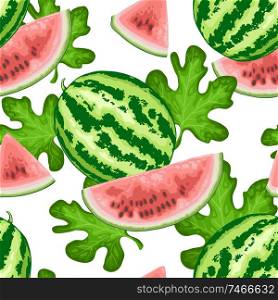 Summer tropical seamless pattern with sweet juicy watermelon and green leaves on a white background. Vector illustration