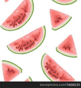 Summer tropical seamless pattern with sweet juicy watermelon on a white background. Vector illustration