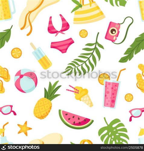 Summer tropical travel pattern. Exotic leaves, beach vacations elements. Cocktails or lemonade, swimwear and ice cream neat vector seamless texture. Illustration of pattern exotic travel. Summer tropical travel pattern. Exotic leaves, beach vacations elements. Cocktails or lemonade, swimwear and ice cream neat vector seamless texture