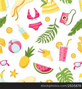 Summer tropical travel pattern. Exotic leaves, beach vacations elements. Cocktails or lemonade, swimwear and ice cream neat vector seamless texture. Illustration of pattern exotic travel. Summer tropical travel pattern. Exotic leaves, beach vacations elements. Cocktails or lemonade, swimwear and ice cream neat vector seamless texture