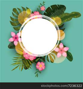 Summer tropical trendy background template of exotic plants and hibiscus flowers. Summer tropical trendy background template of exotic plants and hibiscus flowers. Trend pattern jungle. Vector, illustration, isolated, poster, banner, flyer, invitation