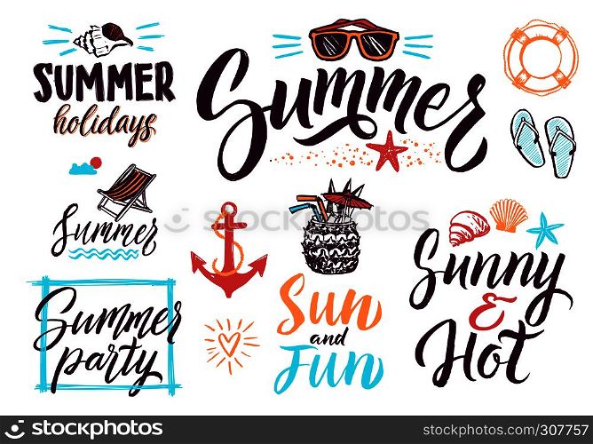 Summer typography lettering decoration for vintage posters or postcards. Vector background pictures set. Calligraphy text summer, illustration of typography writing summer holiday. Summer typography lettering decoration for vintage posters or postcards. Vector background pictures set