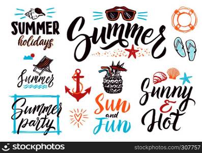 Summer typography lettering decoration for vintage posters or postcards. Vector background pictures set. Calligraphy text summer, illustration of typography writing summer holiday. Summer typography lettering decoration for vintage posters or postcards. Vector background pictures set
