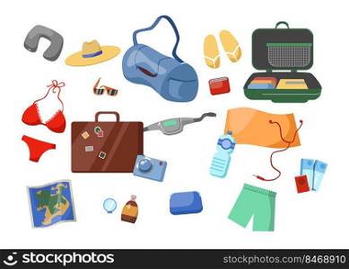 Summer vacation accessories cartoon vector illustration set. Suitcase, travelers bag, luggage, clothes, camera, passport, tickets, bottle, hat, sunglasses, swimsuit, flip-flops. Travel stuff concept