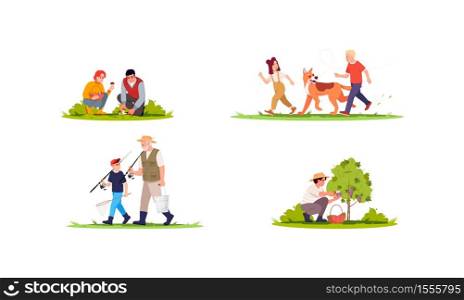 Summer vacation activities semi flat vector illustration set. People collecting mushroom in forest. Children play with dog. Family 2D cartoon characters collection for commercial use. Summer vacation activities semi flat vector illustration set