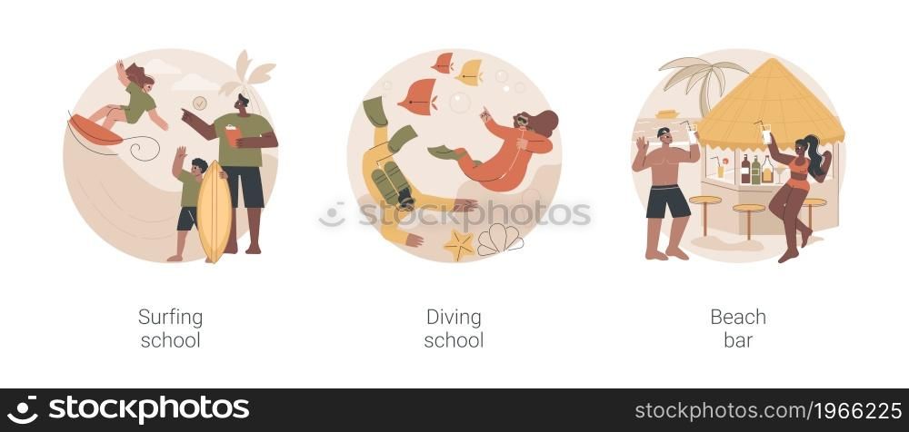 Summer vacation activity abstract concept vector illustration set. Surfing school, diving school, beach bar, surfboard and wetsuit rental, water sport, tropical cocktail recipe abstract metaphor.. Summer vacation activity abstract concept vector illustrations.