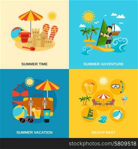 Summer Vacation And Adventure Icons Set. Summer vacation and adventure icons set with sandcastle surfing and beach rest flat isolated vector illustration