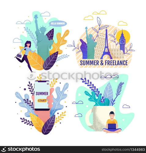 Summer Vacation and Freelance Cartoon Cards Set. Remote Work and Travelling. People Characters Resting and Working Online. Vector Motivation Illustration. Mobile Application Offering Exciting Journey. Summer Vacation and Freelance Cartoon Cards Set