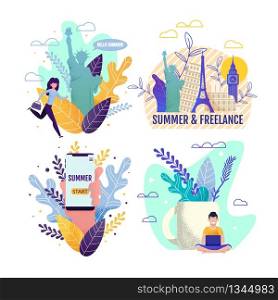 Summer Vacation and Freelance Cartoon Cards Set. Remote Work and Travelling. People Characters Resting and Working Online. Vector Motivation Illustration. Mobile Application Offering Exciting Journey. Summer Vacation and Freelance Cartoon Cards Set