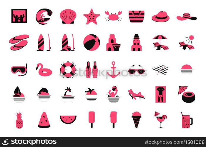 Summer vacation and outdoor on the beach stuff line elements for web. Set summer beach icons flat styles.