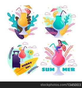 Summer Vacation and Party Invitation Illustration Set. Travel to Tropical Country. Cartoon Kit with Exotic Cocktails Drink and Journey Accessories. Vector Flat Greeting Flyer and Holiday Brochure Pack. Vacation and Party Invitation Illustration Set