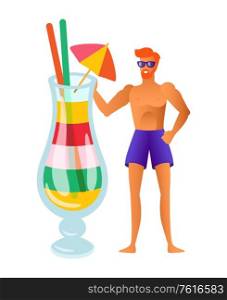 Summer vacation and partying vector, man with big cocktail. Beverage with layers, umbrella and straws, glass with alcoholic drink, shot for traveler. Man Wearing Swimming Suit and Cocktail in Glass