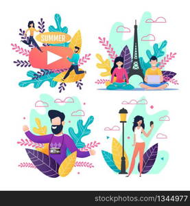 Summer Vacation and Tourism. Cartoon Cards Set with Resting and Traveling People Characters. Sharing Impressions via Social Network. Freelance and Trip. Yoga and Recreation. Vector Flat Illustration. Summer Vacation and Tourism Cartoon Cards Set