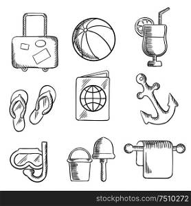 Summer vacation and travel sketched icons depicting luggage,beach ball, cocktail drink, thongs, ticket, passport, anchor, snorkeling, bucket and spade. Sketch style. Summer vacation and travel sketched icons