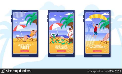 Summer Vacation Application Mobile Covers Set. Landing Page for Travel Agency Offers Rest and Relaxation on Beach for Freelancers and Businessmen, Extreme Recreation. Vector Cartoon Flat Illustration. Mobile Covers Set for Summer Vacation Application