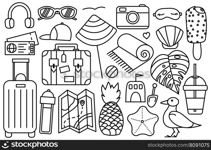 Summer vacation at the sea. Beach stuff. Collection of things for the vacation. Vector line icon. Editable stroke. Doodle style. Summer vacation at the sea. Beach stuff. Collection of things for the vacation. Vector line icon. Editable stroke. Doodle style.