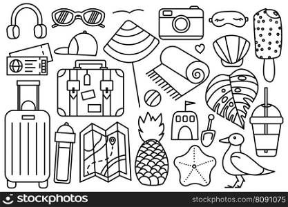 Summer vacation at the sea. Beach stuff. Collection of things for the vacation. Vector line icon. Editable stroke. Doodle style. Summer vacation at the sea. Beach stuff. Collection of things for the vacation. Vector line icon. Editable stroke. Doodle style.