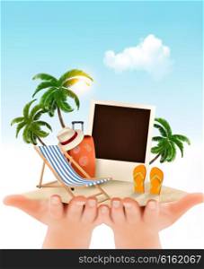Summer vacation background. Hands holding up holiday items. Vector.