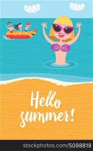 Summer vacation. Beach activities, banana boating, swimming in the sea. Vector illustration in flat style.