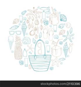 Summer vacation. Beach bag, Seashell Mobile, shells. Vector illustration.. Summer vacation. Beach bag, Seashell Mobile, shells.