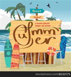 Summer vacation beach concept background with space for text. Sea landscape summer beach, wooden board with space for text on beach bar. Vector cartoon flat illustration.