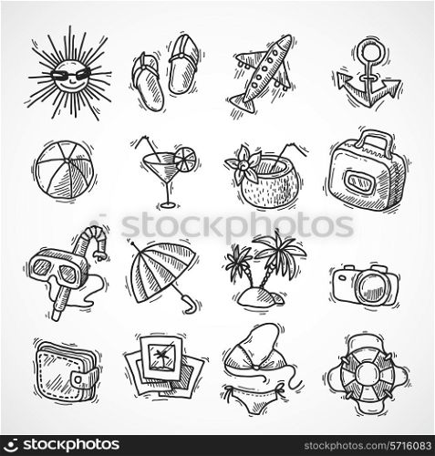 Summer vacation beach travel sketch decorative icons set with palm airplane ball isolated vector illustration