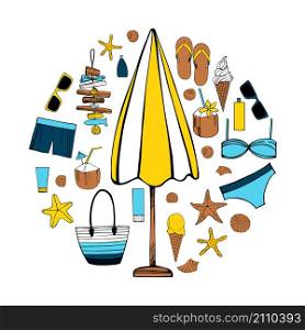 Summer vacation. Beach umbrella, starfish, flip flops, sunglasses , seashells. Vector illustration.