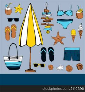 Summer vacation. Beach umbrella, starfish, flip flops, sunglasses , seashells. Vector illustration.. Summer vacation vector illustration
