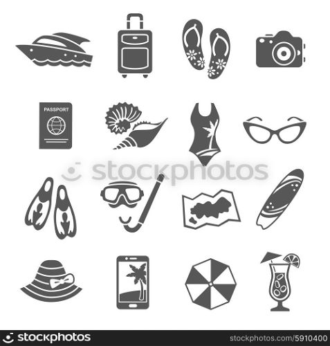 Summer vacation black icons collection. Summer holiday travel agency black icons set with tropical island symbols and accessories abstract isolated vector illustration