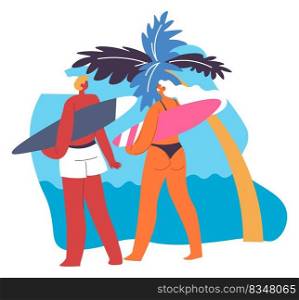 Summer vacation by seaside, man and woman with surfing boards ready to tame waves. Boyfriend and girlfriend practicing sports, activities and fun in summertime. Travel and trips, vector in flat. People on summer vacation surfing at beach vector