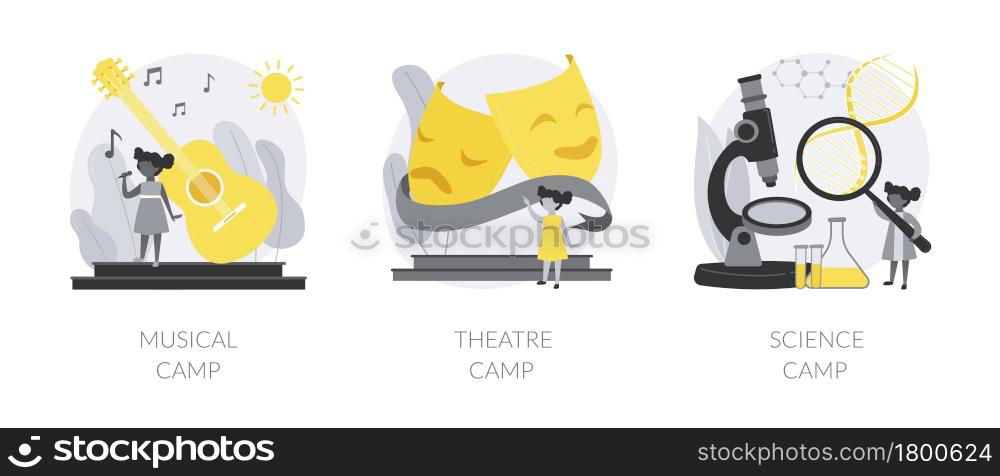 Summer vacation camps abstract concept vector illustration set. Musical, theatre and science camp, playing instrument, drama school, laboratory experiment, young talent, lessons abstract metaphor.. Summer vacation camps abstract concept vector illustrations.