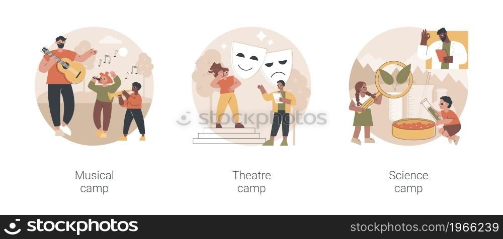 Summer vacation camps abstract concept vector illustration set. Musical, theatre and science camp, playing instrument, drama school, laboratory experiment, young talent, lessons abstract metaphor.. Summer vacation camps abstract concept vector illustrations.