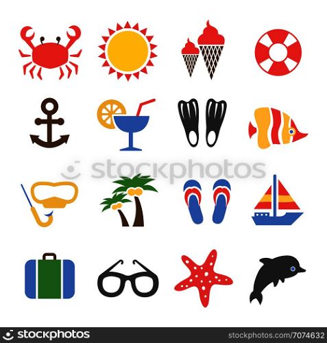 Summer vacation colorful icons set. Tourism and travel, cocktail and palm, vector illustration. Summer vacation colorful icons set