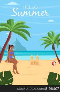 Summer vacation concept background. Beautiful summer beach landscape with sea, palm trees, sand castle. Girl is sitting on a swing. Flat vector illustration for poster, banner, flyer. Summer vacation concept background. Beautiful summer beach landscape with sea, palm trees, sand castle. Girl is sitting on a swing. Flat vector illustration for poster, banner, flyer.