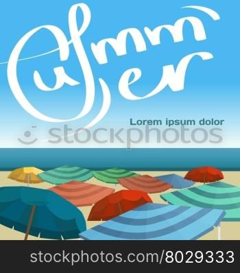 Summer vacation concept background. Sea landscape summer beach parasols, umbrellas. Beach in summer vacation background with space for text. Background on beach. Vector flat cartoon illustration