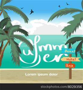 Summer vacation concept background with space for text. Wooden pointer among palm trees on the beach, hotel, in the bar. Summer signpost flat vector cartoon illustration on beach in summer vacation