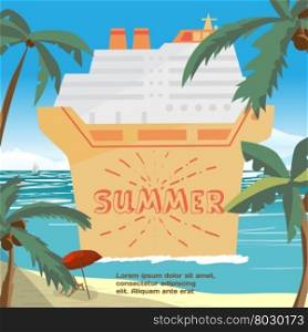 Summer vacation concept background with space for text. Sea landscape summer beach, palms, cruise ship. Vector cartoon flat illustration. Beach, sea, umbrella and a cruise liner