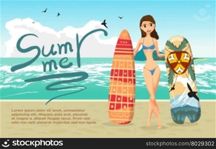 Summer vacation concept background with space for text. Sea landscape summer beach, woman with surfboards. Vector flat cartoon illustration