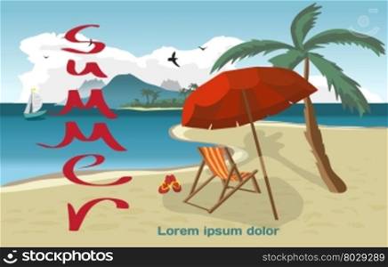 Summer vacation concept background with space for text. Vector cartoon flat illustration. Sea landscape summer beach, palms and a private beach.