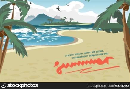 Summer vacation concept background with space for text. Vector cartoon flat illustration. Sea landscape summer beach, palms, sand. ?oastline stretches into distance with a sandy beach and palm trees