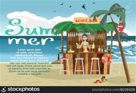 Summer vacation concept background with space for text. Vector cartoon flat illustration. Bar bungalows with bartender woman on the beach ocean coast. Relaxing at the beach bar, drinks, fruits