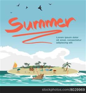 Summer vacation concept background with space for text. Vector cartoon flat illustration. Sea landscape summer beach on island, people on private beach.