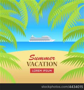 Summer vacation concept banner. Flat design vector illustration. Leisure on cruise ship in the ocean. Sunny beach, palm trees background. Holiday at seaside. Hot coast cruise. World trip on liner.
