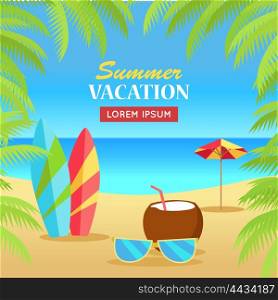 Summer vacation concept banner. Leisure on tropical sunny beach with palm trees. Surfboards, sunglasses, coconut, umbrella flat vector illustration. Ocean horizon background. Frame from palm branches.
