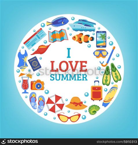 Summer vacation concept circle composition poster. I love summer holiday travel icons circle background composition poster with beach swimming accessories abstract vector illustration