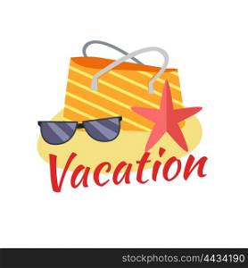 Summer vacation concept illustration. Leisure on tropical sunny beach. isolated on white background. Beach bag, starfish, sunglasses on sand flat design vector.