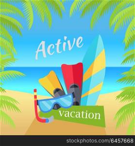 Summer Vacation Concept Illustration. Summer vacation concept banner. Flat design vector illustration. Set of things for active rest on seacost. Diving mask, fins, surfboard on sunny beach background. Frame from palm branches on sides.