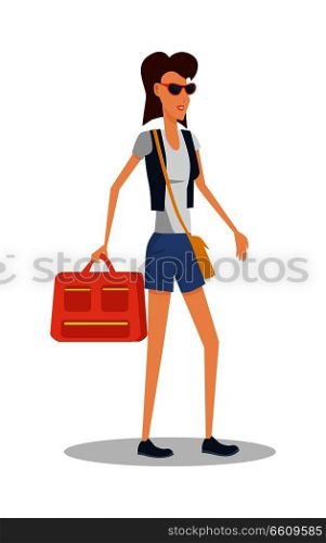 Summer vacation concept. Red head girl travels with luggage. Traveling with handbag baggage illustration. Flat style design. Woman in sunglasses with ladies bag and luggage. Isolated on white. Summer Vacation Concept Girl Travels with Luggage.