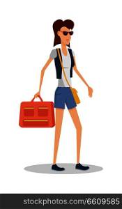 Summer vacation concept. Red head girl travels with luggage. Traveling with handbag baggage illustration. Flat style design. Woman in sunglasses with ladies bag and luggage. Isolated on white. Summer Vacation Concept Girl Travels with Luggage.
