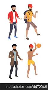 Summer vacation concept. Set vector illustrations mans summer characters. Male figures in flat design. Guy hiking, playing with ball, eating ice cream, cooking.